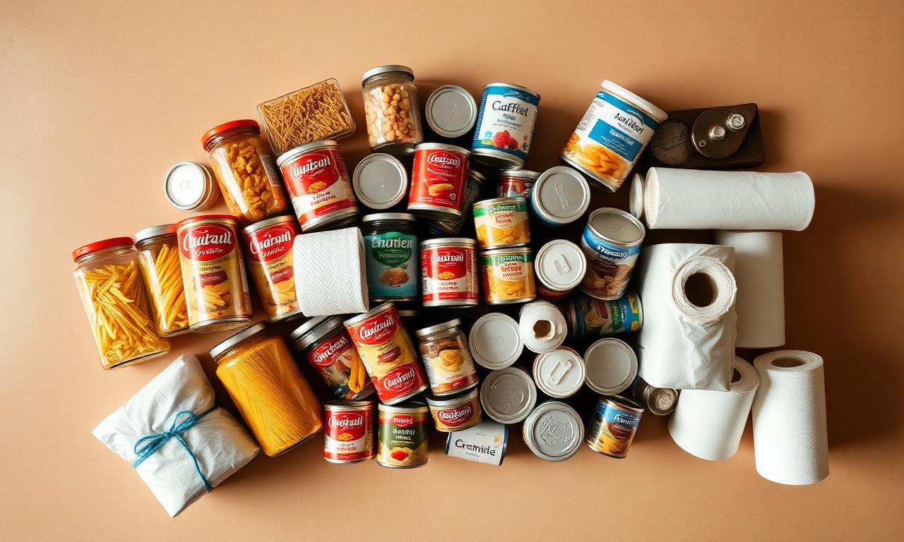 Overhead view of a neatly organized pantry stockpile