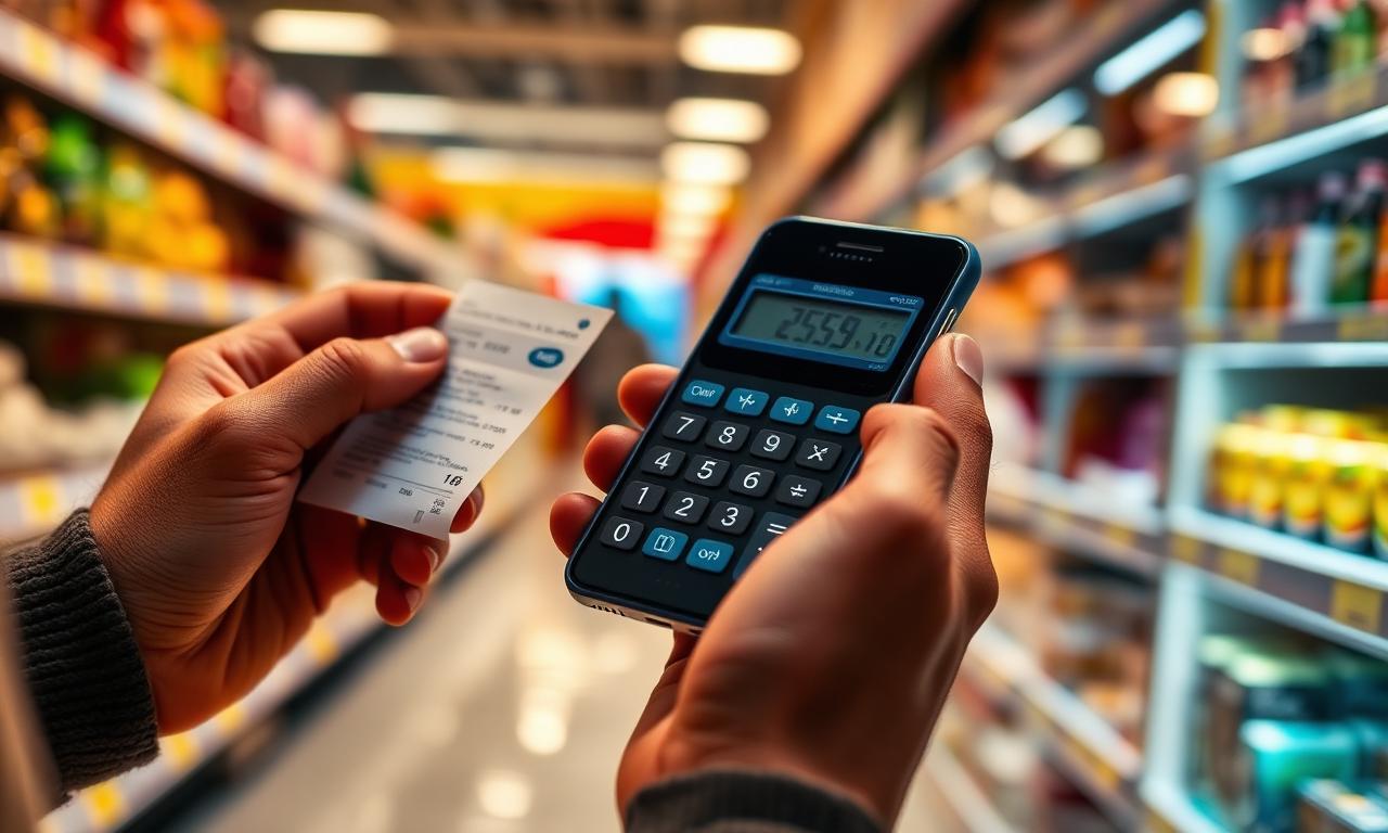 Hands comparing a receipt and a phone calculator in a store aisle