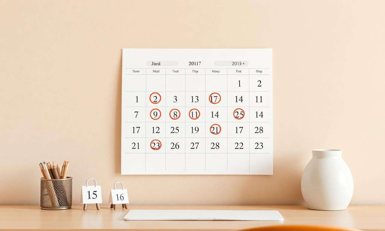 Wall calendar with circled dates and small shopping bag icons