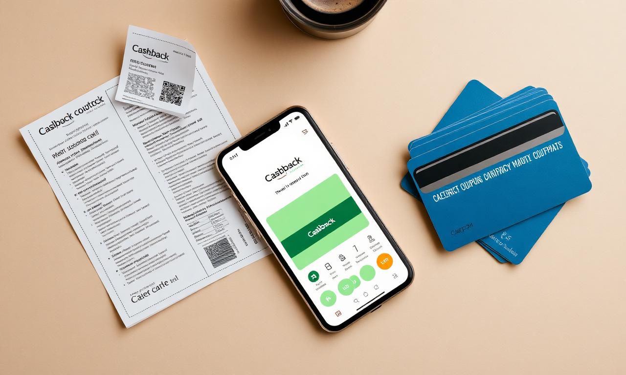 Coupons, credit cards, and a phone showing a cashback app on a desk