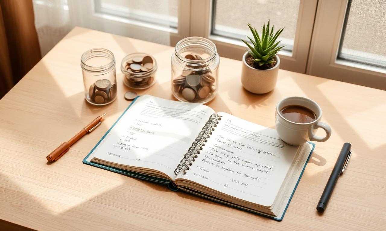 Open planner with notes, coin jars, and a coffee cup on a sunny desk