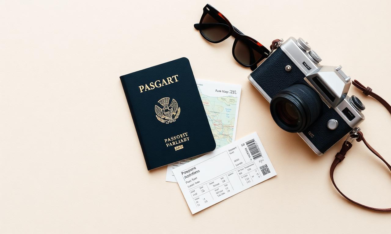 Travel flat lay with passport, sunglasses, camera, and boarding pass
